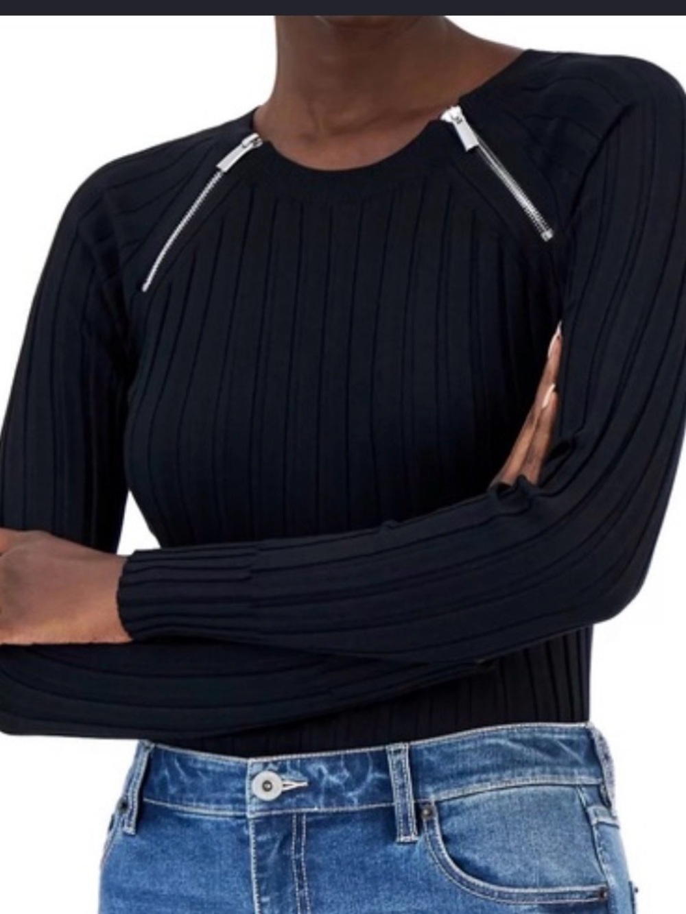 INC International Concepts Sweater  black long-sleeve ribbed zipper detail Macys